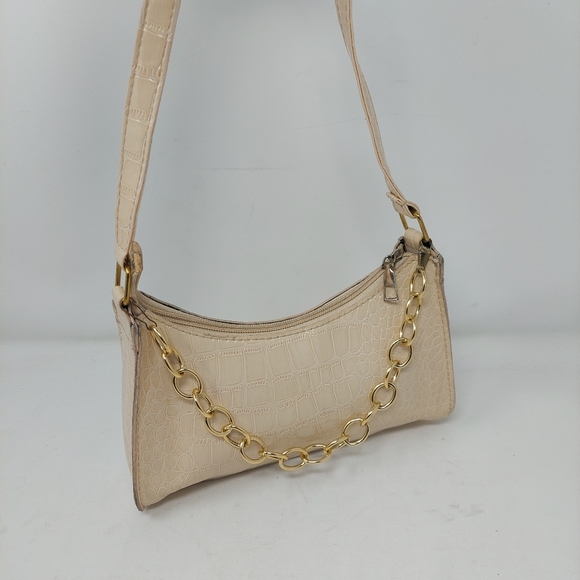 Cream Croc Embossed Patent Leather Gold Chain Accent Baguette Shoulder Bag Retro - Picture 3 of 10